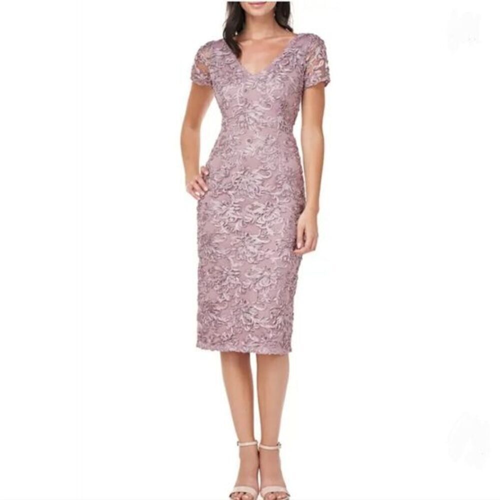 Js Collections Soutache Embroidered V-neck Cocktail Dress In Maple Sugar